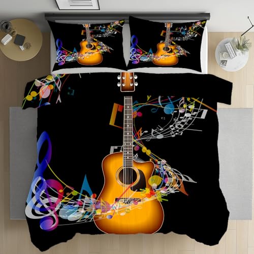 LLponhg Musikinstrument Gitarre Bettwäsche 135x200 Abstrakte Musiknoten Bettwäsche Set, Weich Microfaser Kuschelige Bettwäsche, Schwarzer Hintergrund Wendebettwäsche Bettbezug und Kissenbezug 80x80cm von LLponhg