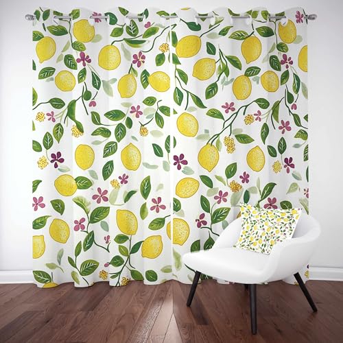 LLponhg Verdunkelungsvorhang Aquarell Zitrone Vorhang Blickdicht Cartoon-Blumen Vorhänge mit Ösen Schlafzimmer Kinderzimmer, Verdunklungsvorhänge H260 x B140 cm (2er Pack) von LLponhg