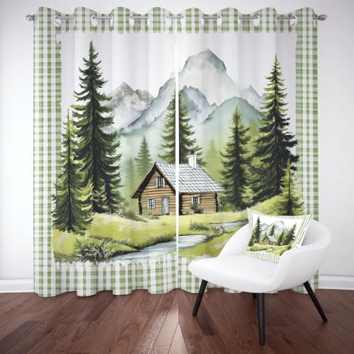LLponhg Waldhütte Berge Deko Vorhang Verdunkelungsvorhang als Türvorhang und Fenstervorhang, Thermogardinen Blickdicht mit Ösen für Schlafzimmer 2er Set H166 x B75 cm von LLponhg