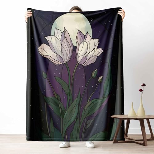 LLponhg Wohndecke mit 3D Druck Mosaik Blume Flauschige Tagesdecke für das Schlafzimmer Fantasie Mond Kuscheldecke als Überwurf für Sofa Nacht Pflanze Flanell & Sherpa Mix Weich, 180x230 cm von LLponhg