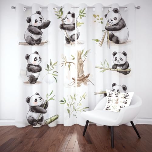 Verdunklungsvorhänge Niedlicher Panda Gardinen mit Ösen Bambusblätter Im Cartoon-Stil Vorhang Blickdicht für Vorhänge Wohnzimmer Schlafzimmer Kinderzimmer, Thermo Vorhänge H214 x B91.5 cm (2er Pack) von LLponhg