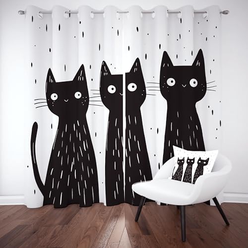 Vorhang Blickdicht Schwarze Katze Im Cartoon Stil Gardinen mit Ösen Minimalistische Ästhetik Verdunklungsvorhänge für Vorhänge Wohnzimmer Schlafzimmer, Thermo Vorhänge H166 x B75 cm (2er Pack) von LLponhg
