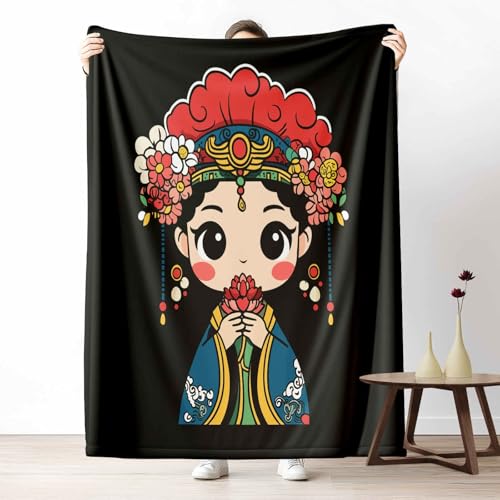 Wohndecke mit 3D Druck Asiatischer Stil Mädchen Flauschige Tagesdecke für das Schlafzimmer Karikatur Figur Kuscheldecke als Überwurf für Sofa Blumen Lotusblume Flanell & Sherpa Mix Weich, 180x230 cm von LLponhg