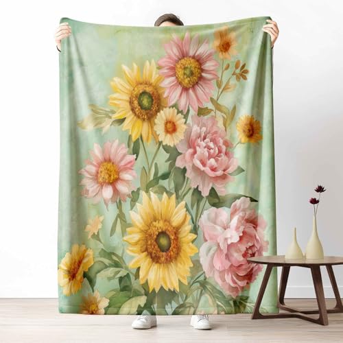 Wohndecke mit 3D Druck Blumen Sonnenblume Flauschige Tagesdecke für das Schlafzimmer Aquarell Pfingstrose Kuscheldecke als Überwurf für Sofa Garten Blumenstrauß Flanell & Sherpa Mix Weich, 180x230 cm von LLponhg