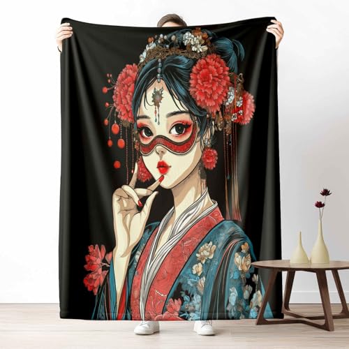 Wohndecke mit 3D Druck Japanische Geisha Flauschige Tagesdecke für das Schlafzimmer Asiatischer Stil Maske Kuscheldecke als Überwurf für Sofa Blumen Mohn Flanell & Sherpa Mix Weich, 180x230 cm Wohndecke mit 3D Druck Japanische Geisha Flauschige Tagesdecke für das Schlafzimmer Asiatischer Stil Maske Kuscheldecke als Überwurf für Sofa Blumen Mohn Flanell & Sherpa Mix Weich, 180x230 cm von LLponhg