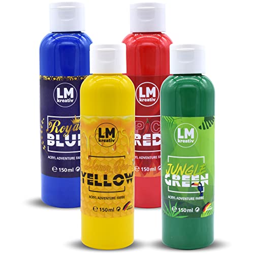 LM Acrylfarbe (4er Set - Colorful Life) 4 x 150 ml Acryl-Farbe auf Wasserbasis - Hochpigmentiert, Künster-Acryl, Ideal für Keilrahmen, Papier, Pappe, Beton, Holz und Stein von LM-Kreativ