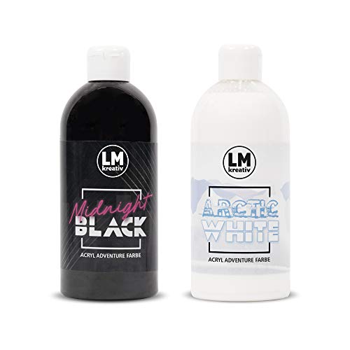 LM Acrylfarbe Adventure (2er Set - Black & White) 2 x 500 ml Acryl-Farbe auf Wasserbasis - Hochpigmentiert, Künster-Acryl, Ideal für Keilrahmen, Papier, Pappe, Beton, Holz und Stein von LM-Kreativ