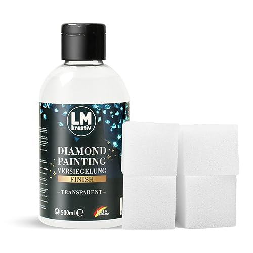 LM-Kreativ Diamond Painting Versiegelung/Kleber 500 ml & 4 Schwämmchen Set - Transparent - Diamant Zubehör. Versiegelung zum Schutz vor Schmutz Staub bei vollem Glitzereffekt von LM-Kreativ