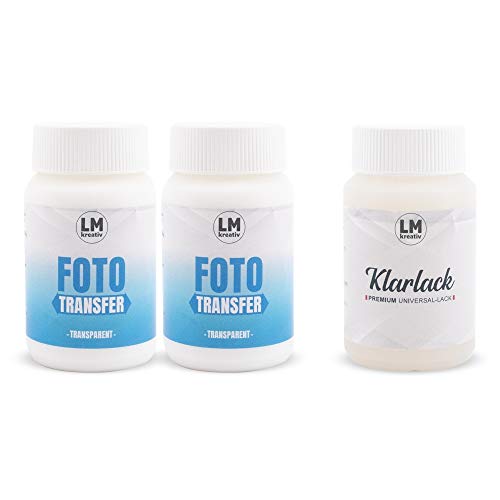 LM Foto Transfer Medium (240 ml) & Schutzlack (120 ml) zum einfachen Übertragen von Laserausdrucken, Laserkopien, Zeitungsausschnitten und Zeitschriftenbildern auf Holz oder andere Untergründe von LM-Kreativ