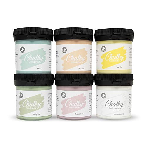 LM-Kreativ Chalky Kreidefarbe 6 x 100ml (Babyglück) - - Finish Kreide-Farbe für einen Vintage/Shabby-Chic-Look. Die Kreidefarben/Kalkfarbe sind auch als Holzfarbe verwendbar & trocken matt auf von LM-Kreativ