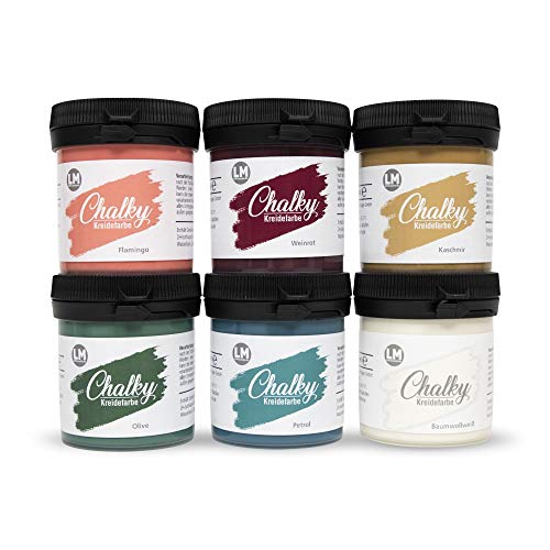 LM-Kreativ Chalky Kreidefarbe 6 x 100ml (Cuba) - - Finish Kreide-Farbe für einen Vintage/Shabby-Chic-Look. Die Kreidefarben/Kalkfarbe sind auch als Holzfarbe verwendbar & trocken matt auf von LM-Kreativ