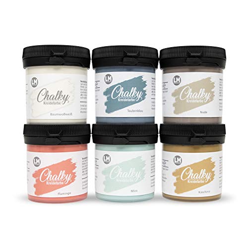 LM-Kreativ Chalky Kreidefarbe 6 x 100ml (St. Tropez) - - Finish Kreide-Farbe für einen Vintage/Shabby-Chic-Look. Die Kreidefarben/Kalkfarbe sind auch als Holzfarbe verwendbar & trocken matt auf von LM-Kreativ