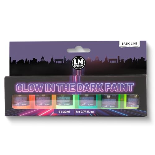 LM-Kreativ Glow in the Dark Farbe - 6 fluoreszierende Neonfarben à 22 ml - Neon Acrylfarben Set/Leuchtfarben nachtleuchtend - für Holz, Leinwand, Glas, Papier - Schwarzlicht Farben für DIY von LM-Kreativ