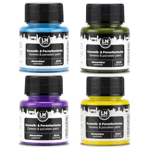 LM-Kreativ Porzellan- & Keramikfarbe 4 x 45 ml Set - Vintage Vibes - Pastell Zauber - Spülmaschinenfest. Glas- und Keramikfarbe für Tassen Bemalen, Porzellan Bemalen, Kreative Projekte auf Glas & Ton von LM-Kreativ