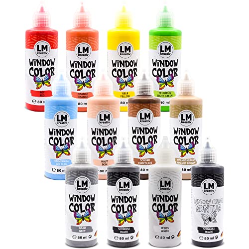 LM-Kreativ Window Color Set (12 x 90 ml Set Bunte Tierwelt) - Abziehbare Fenstermalfarbe/Stickerfarbe auf Wasserbasis für Glatte Oberflächen wie Glas, Spiegel Fliesen von LM-Kreativ