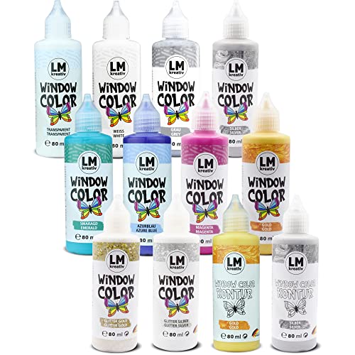 LM-Kreativ Window Color Set (12 x 90 ml Set Magic Moments) - Abziehbare Fenstermalfarbe/Stickerfarbe auf Wasserbasis für Glatte Oberflächen wie Glas, Spiegel Fliesen von LM-Kreativ