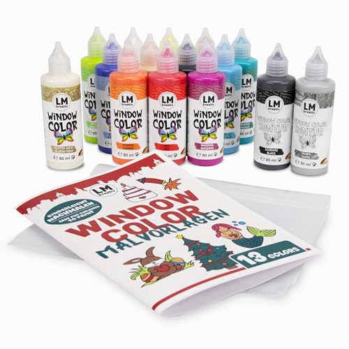 LM-Kreativ Window Color Set 4 Jahreszeiten – Fenstermalfarben Set mit15 Farben/Konturfarben, 3 beidseitig bedruckten Malvorlagen mit über 50 Motiven – Window Color Farben für Groß & Klein von LM-Kreativ