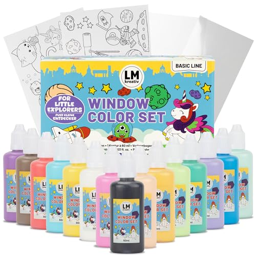 LM-Kreativ Window Color Set – Kleine Entdecker, 15 Fenstermalfarben á 60 ml, inklusive Konturenfarbe Schwarz, 14 fantasievolle Vorlagen, für kreative Fensterbilder und Bastelspaß von LM-Kreativ
