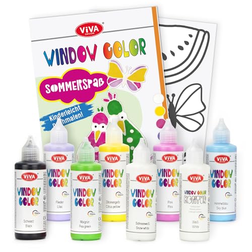 LM-Kreativ Window Color Set - Sommerspaß - Entfache Kreativität mit 7 x 80ml Farben & 1 x 80ml Konturfarbe, inklusive Vorlagenheft mit ca. 30 Sommer-Motiven. Auf Wasserbasis & leicht entfernbar von LM-Kreativ