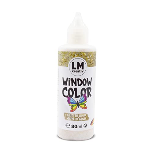 LM Window Color 80ml - Glitter Gold - Fenster-Farben zum Basteln & Malen. Für wieder abziehbare Deko Fensterbilder im Kinderzimmer, auf Flaschen, Spiegel oder Fliesen. Fensterfarben Lösemittelfrei von LM-Kreativ