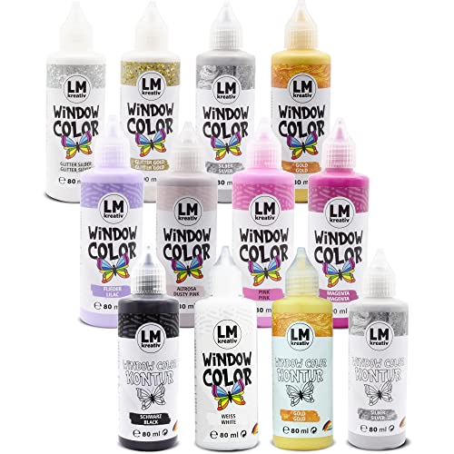 LM-Kreativ Window Color Set (12 x 80 ml Einhorn Zauber) - Abziehbare Fenstermalfarbe/Stickerfarbe auf Wasserbasis für Glatte Oberflächen wie Glas, Spiegel, Fliesen von LM-Kreativ