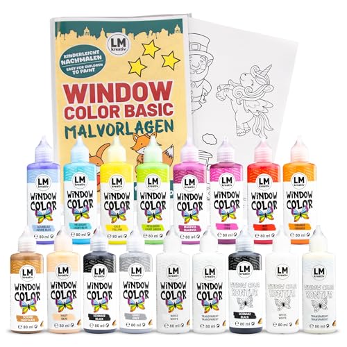 LM Window Color Set (17 x 80 ml Set Basic inkl. Konturfarbe & Malvorlagen) - Abziehbare Fenstermalfarbe/Stickerfarbe auf Wasserbasis für Glatte Oberflächen wie Glas, Spiegel Fliesen von LM-Kreativ