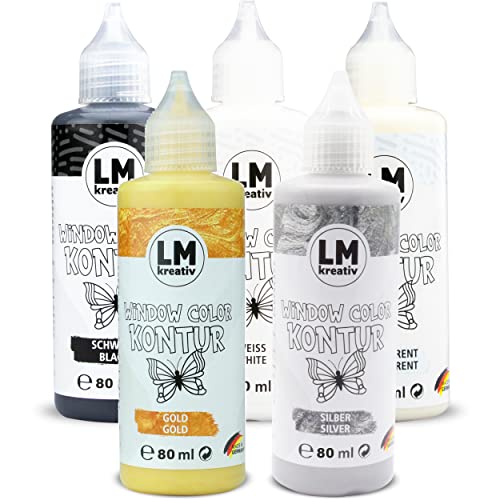 LM Window Color Set (5 x 80 ml Basic-Konturen) - Abziehbare Fenster-Farbe/für Fensterbilder auf Spiegelfliesen & andere glatte Oberflächen. Windows Color Glasmalstifte sind einfach zu dosieren von LM-Kreativ