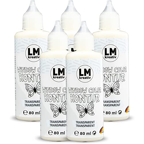 LM Window Color Set Kontur (5 x 80 ml Transparent) - Abziehbare Fenster-Farbe/für Fensterbilder auf Spiegelfliesen & andere glatte Oberflächen. Windows Color Glasmalstifte sind einfach zu dosieren von LM-Kreativ