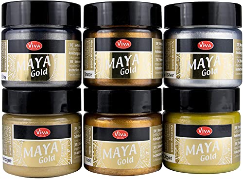 Maya Gold 6er Set (Glamour) - Viva Decor Metallic Effektfarbe, Metallglanz, Effekt Farbe Metall, Bastelfarbe, Dekofarbe von LM-Kreativ