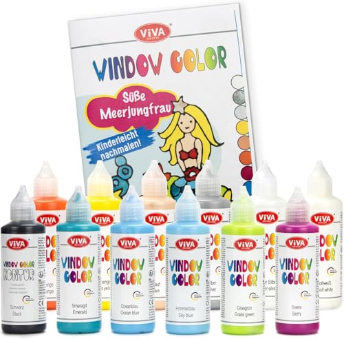 LM-Kreativ Window Color Set Süße Meerjungfrau – Tauche ein in eine Welt voller Farben mit 11 x 80ml Farben & 1 x 80ml Konturfarbe auf Wasserbasis, Vorlagenheft mit 35 Meerjungfrau-Motiven von LM-Kreativ