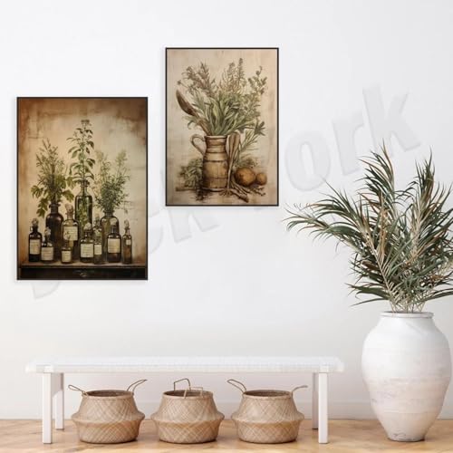 LMAIWANG Vintage-Gemälde mit Küchenkräutern, Küchendekor, Kräuter, Wandkunst, abstrakte Kräuter, druckbares Küchenposter, Kochkräuter-Dekor, 70 x 100 cm x 2 Rahmen von LMAIWANG