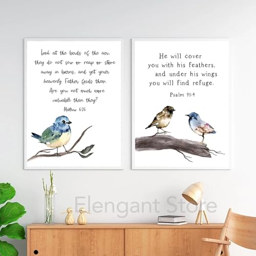 LMAIWANG Vögel Bibelvers Kunstdruck Christliche Geschenke Schrift Poster Matthäus 6:26 Leinwandgemälde Psalm Bilder Dekor 30x45cmx2 Rahmenlos von LMAIWANG