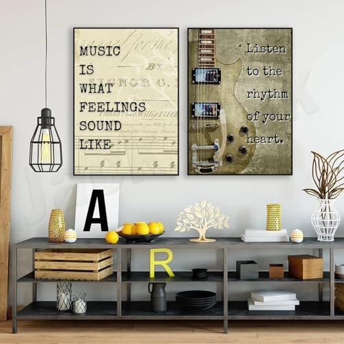LMAIWANG Zitat-Poster „Music is its sound“, Vintage-Gitarre, „Listen to your Heartbeat“, Wandkunst, Musikzimmer-Dekor, 40 x 60 cm x 2 Rahmen von LMAIWANG