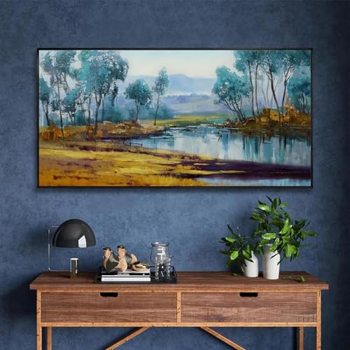 Moderne blaue Waldlandschaft, gemaltes Gemälde auf Leinwand, ländliche Landschaft, Wandkunst, dekoratives Bild für Heimwandbilder, 20 x 40 cm, rahmenlos von LMAIWANG