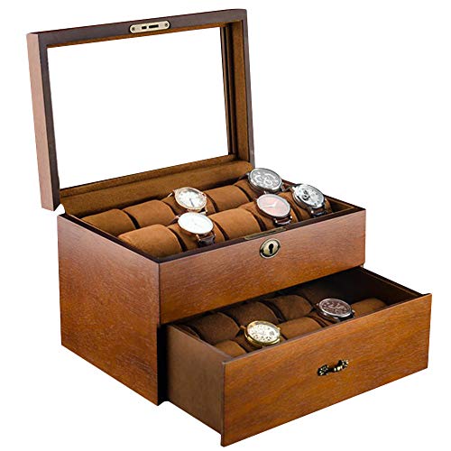 LMEI-WatchBox Massivholz Uhrenschatulle/High-End Uhr Schmuck Aufbewahrungsbox, 20 GroßE KapazitäT Uhr Sammlung Box, Glasabdeckung, SchöNes Schloss von LMEI-WatchBox