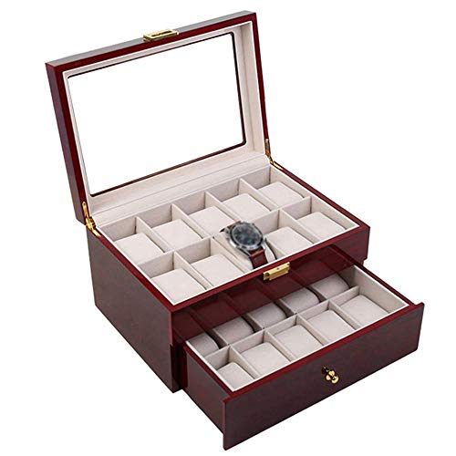 LMEI-WatchBox Uhr Box/Holz Uhr Display Box, 2 Schichten Uhr Schmuck Aufbewahrungsbox/Glasplatte Und Metallschloss/Senden Damen (20 Slots) von LMEI-WatchBox