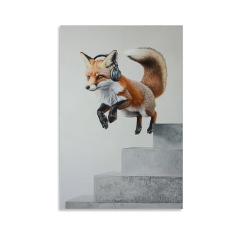 LMLZZZWD Ölgemälde mit Tiermotiv eines Fuchses mit Kopfhörern, Ollieing über Treppe auf weißem Hintergrund. Zeitgenössische Wandkunst, Wandbild, dekoratives Poster, 40 x 60 cm von LMLZZZWD