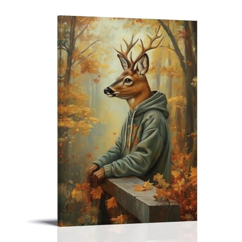 LMLZZZWD Ölgemälde mit Tiermotiv eines Hirsches in einem Kapuzenpullover, das eine Schiene in einer Waldlichtung mit Herbstblättern schleift. Zeitgenössisches Wandbild, dekoratives Poster, 20 x 30 cm von LMLZZZWD