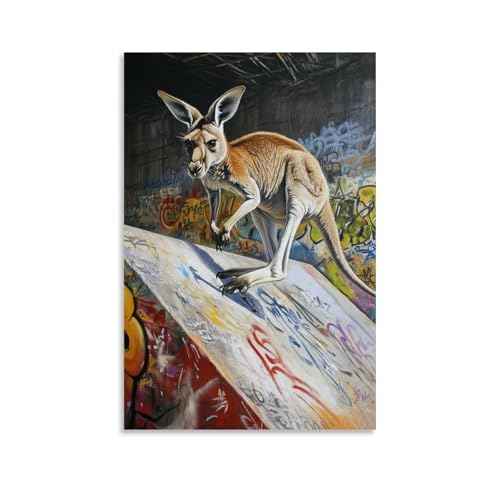 LMLZZZWD Ölgemälde mit Tiermotiv eines Kängurus, das eine 360-Grad-Drehung über einer Graffiti-überzogenen Rampe ausführt. Zeitgenössisches Wandbild, dekoratives Poster, 40 x 60 cm von LMLZZZWD
