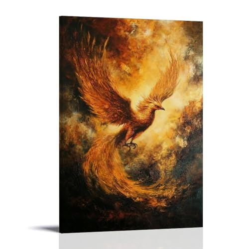 LMLZZZWD Ölgemälde mit Tiermotiv: Ein goldener Phönix entsteht aus der Asche inmitten einer Morgendämmerung des Feuers und der Wiedergeburt, zeitgenössisches Wandbild, dekoratives Poster, 60 x 90 cm von LMLZZZWD