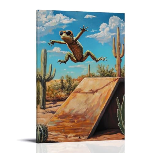 LMLZZZWD Ölgemälde mit Tiermotiven einer Eidechse mit Sonnenbrille, die einen Flip-Trick auf einer Wüstenrampe mit Kakteen umgibt. Modernes Wandbild, dekoratives Poster, 20 x 30 cm von LMLZZZWD