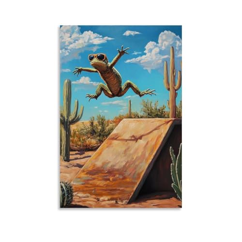 LMLZZZWD Ölgemälde mit Tiermotiven einer Eidechse mit Sonnenbrille, die einen Flip-Trick auf einer Wüstenrampe mit Kakteen umgibt. Modernes Wandbild, dekoratives Poster, 30 x 45 cm von LMLZZZWD