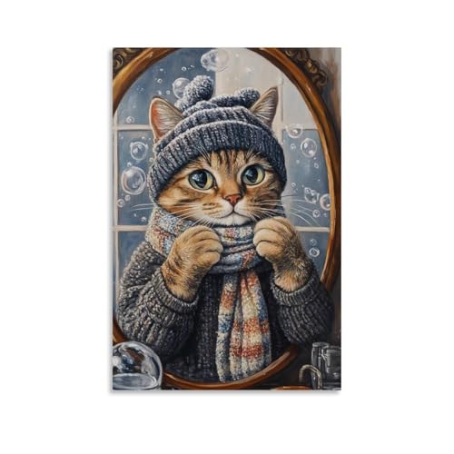 LMLZZZWD Ölgemälde mit Tiermotiven einer Katze, die einen kleinen Hut in einem dampfenden Spiegel anpasst und schal trägt. Zeitgenössisches Wandbild, dekoratives Poster, 30 x 45 cm von LMLZZZWD