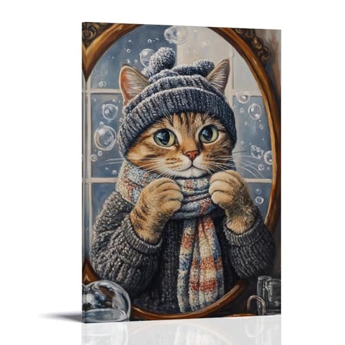 LMLZZZWD Ölgemälde mit Tiermotiven einer Katze, die einen kleinen Hut in einem dampfenden Spiegel anpasst und schal trägt. Zeitgenössisches Wandbild, dekoratives Poster, 50 x 75 cm von LMLZZZWD