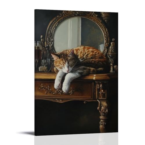 LMLZZZWD Ölgemälde mit Tiermotiven einer Katze, die elegant über eine Eitelkeit drapiert ist und ihre Reflexion mit schläfrigem Königtum vermessen. Zeitgenössisches Wandkunst, Wandbild, dekoratives von LMLZZZWD