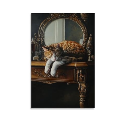 LMLZZZWD Ölgemälde mit Tiermotiven einer Katze, die elegant über eine Eitelkeit drapiert ist und ihre Reflexion mit schläfrigem Königtum vermessen. Zeitgenössisches Wandkunst, Wandbild, dekoratives von LMLZZZWD