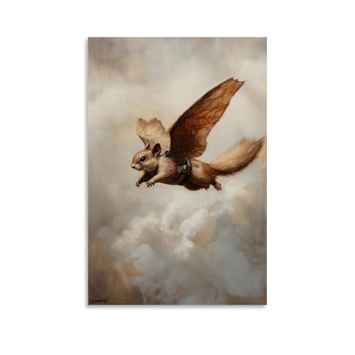 LMLZZZWD Ölgemälde mit Tiermotiven eines fliegenden Eichhörnchens in einem Flügelanzug, das durch helle Wolken auf einem weichen beigefarbenen Hintergrund schwebt, zeitgenössisches Wandkunst, Wandbild von LMLZZZWD