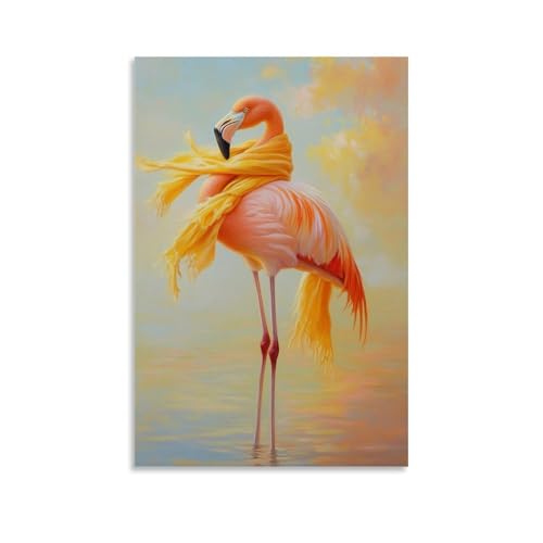 LMLZZZWD Tier-Ölgemälde eines Flamingos, das einen stilvollen Schal in einem durchgehenden Spiegel unter einem weichen, pastellfarbenen tropischen Himmel anpasst. Zeitgenössische Wandkunst, Wandbild von LMLZZZWD