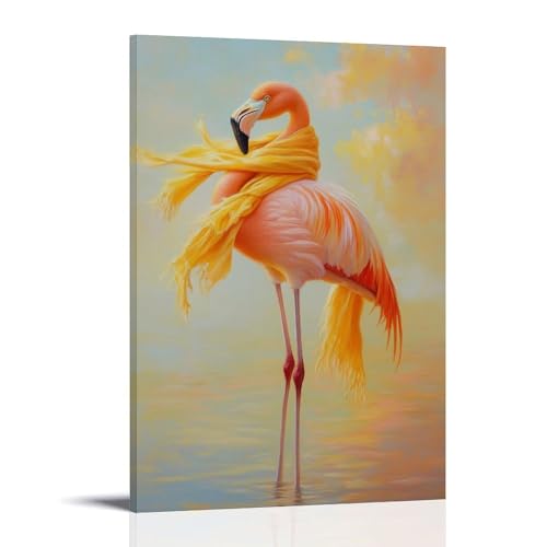 LMLZZZWD Tier-Ölgemälde eines Flamingos, das einen stilvollen Schal in einem durchgehenden Spiegel unter einem weichen, pastellfarbenen tropischen Himmel anpasst. Zeitgenössisches Wandkunst, Wandbild von LMLZZZWD
