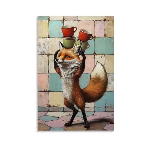 LMLZZZWD Tier-Ölgemälde eines Fuchses, der drei Kaffeetassen auf seinem Kopf ausbalanciert, während er über Pastellfliesen tanzt. Zeitgenössische Wandkunst, Wandbild, dekoratives Poster, 60 x 90 cm von LMLZZZWD